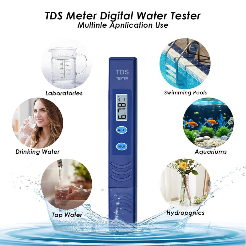 Pmlilb Store جهاز اختبار TDS للمياه، جهاز اختبار مياه الشرب، مقياس جودة المياه 0-9990 PPM، جهاز اختبار مياه محمول لمياه الشرب، مقياس TDS الرقمي، عبوة واحدة، أزرق داكن - Image 5